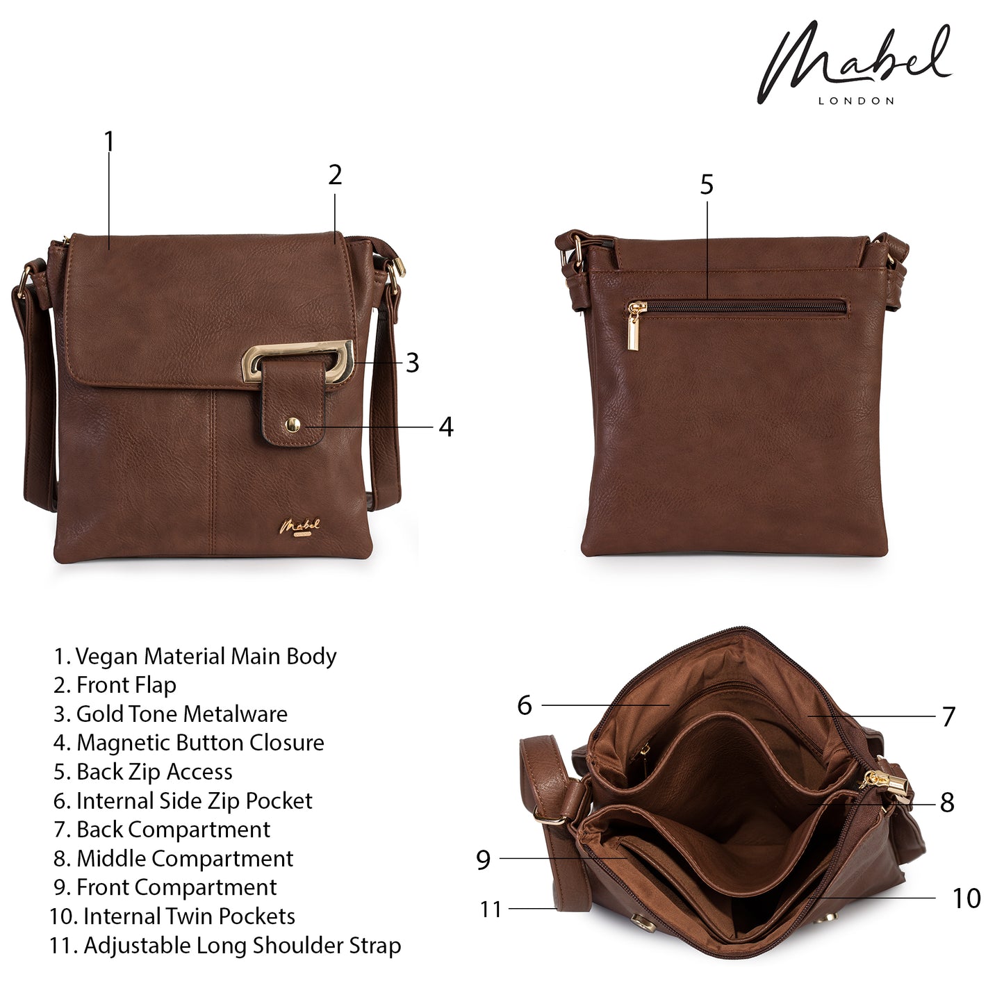 Mabel London Women’s Crossbody Messenger Bag | Medium Size with Gold Trim - FAITH