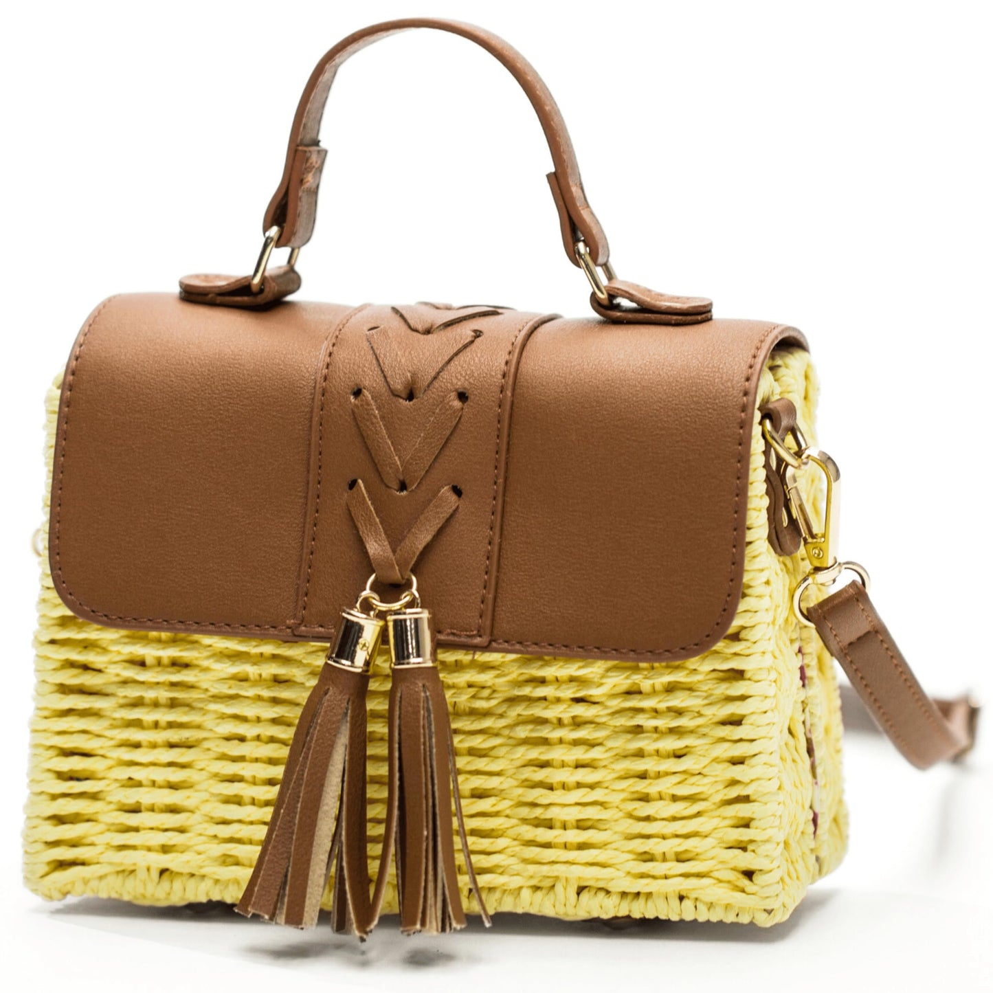 Lark - Structured Straw & Vegan Leather Boxy Shoulder Bag with Top Handle & Strap