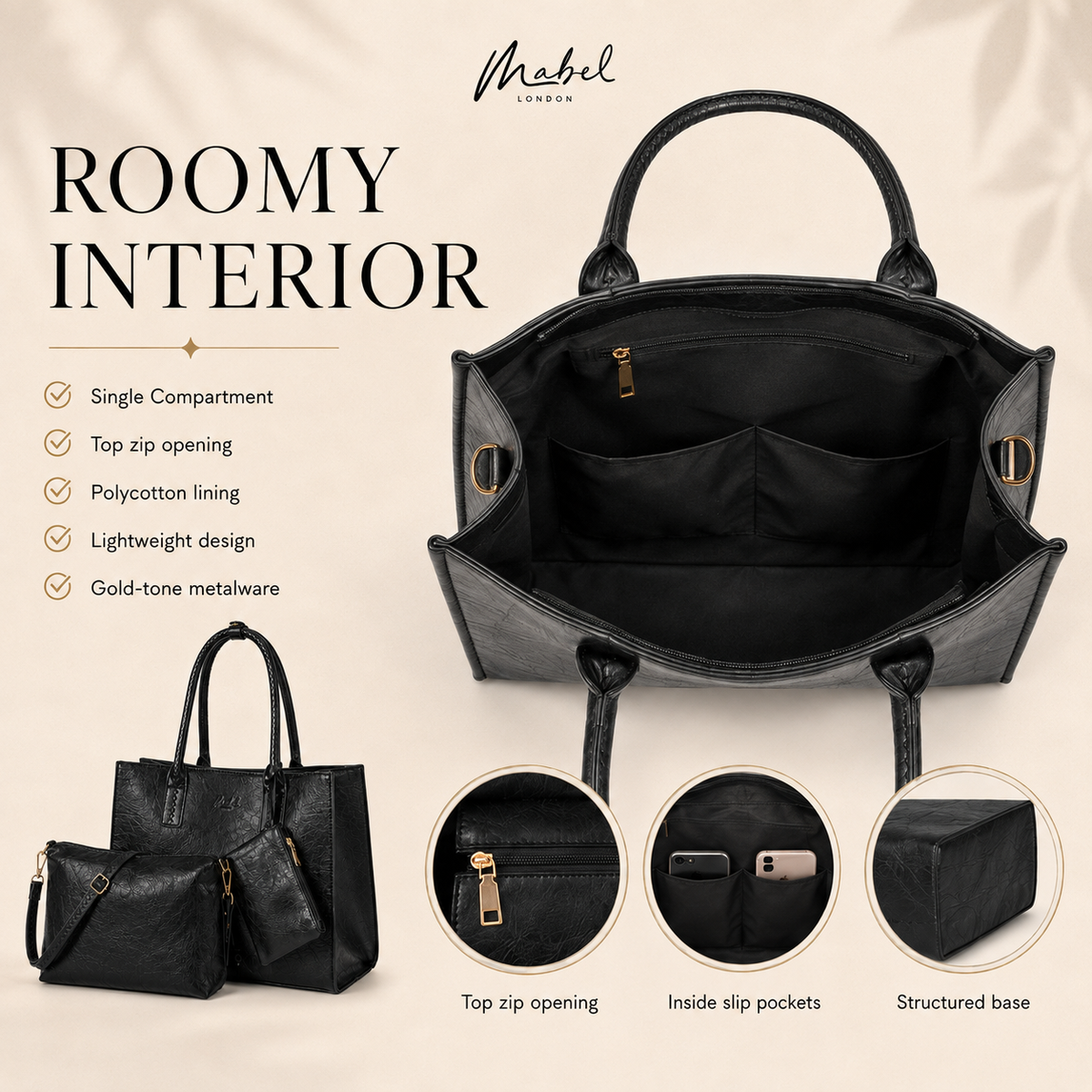 Ava - 3-in-1 Vegan Leather Tote Satchel Set with Crossbody & Pouch