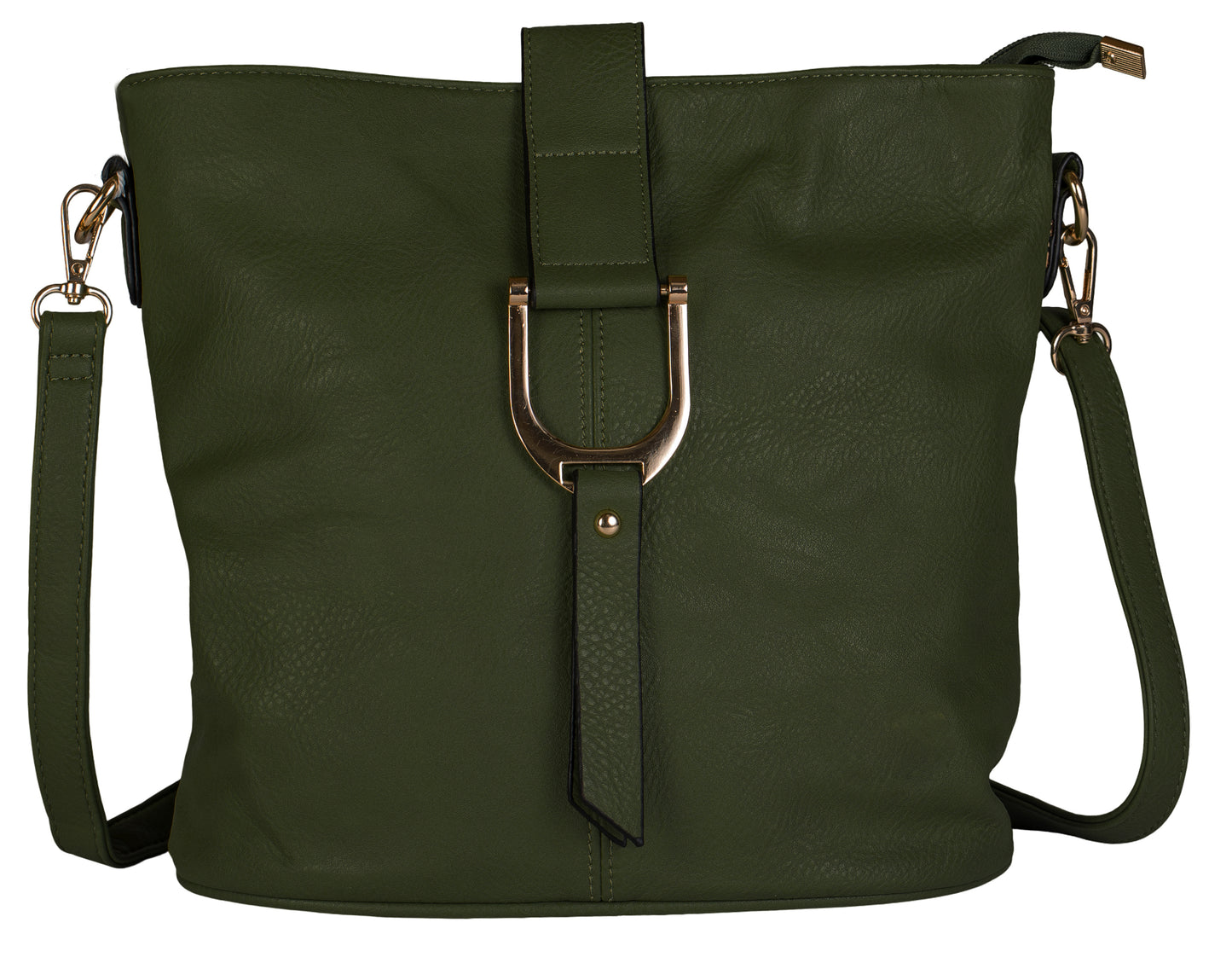 Frankie - Vegan Leather Bucket Crossbody Bag with Flap, Zip & Horseshoe Detail