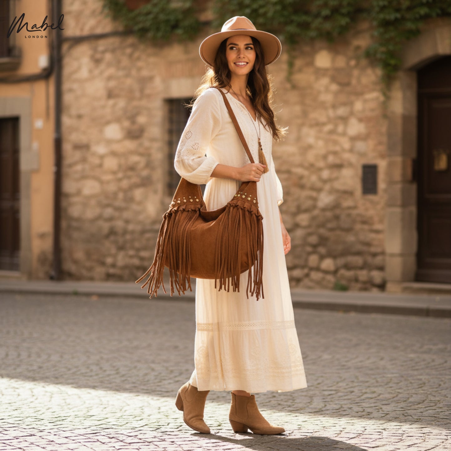 Boho Cowgirl Style Faux Suede Tote with Fringe - Hobo Shoulder Bag with Stud Detail & Crossbody Strap - Meg