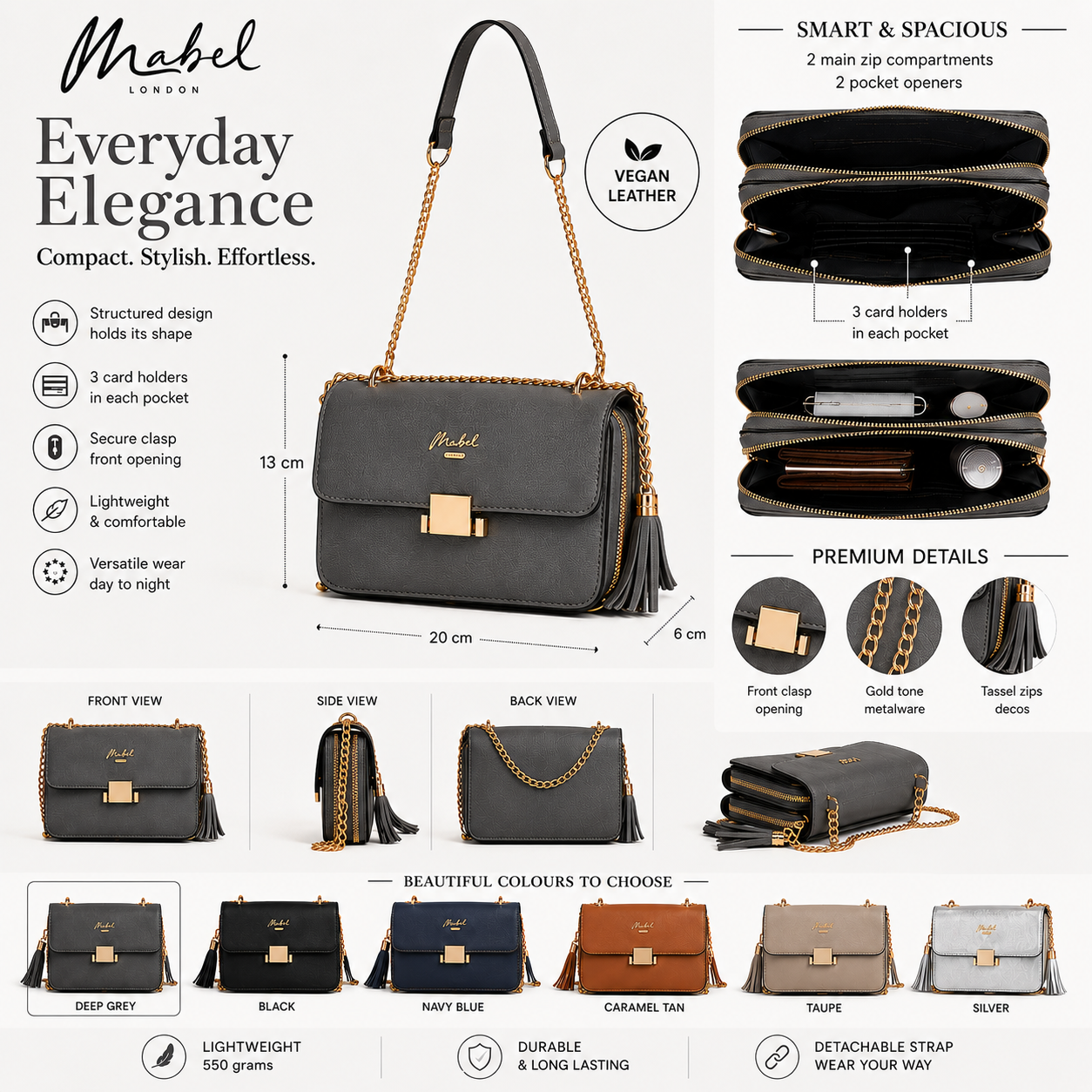 Skylar - Vegan Leather Party Wedding Clutch Bag with Detachable Crossbody Strap