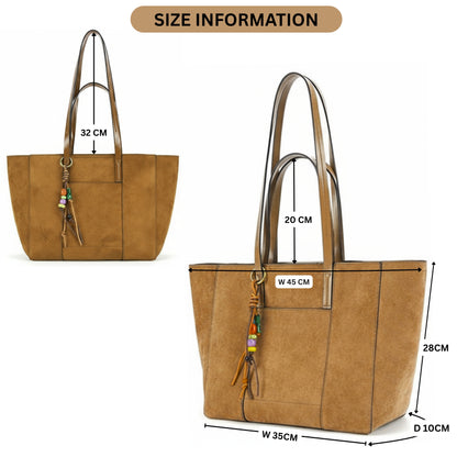Vegan Suede Shoulder Tote Bag with Zip Opening & Removable Inner Pouch with Dual Handles - Lauren