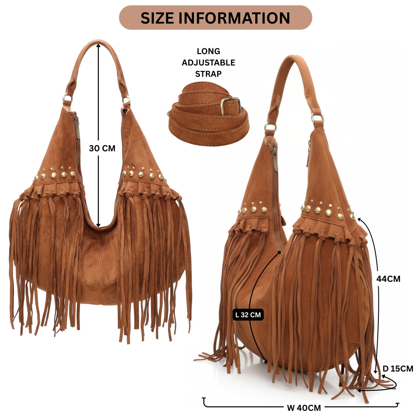 Boho Cowgirl Style Faux Suede Tote with Fringe - Hobo Shoulder Bag with Stud Detail & Crossbody Strap - Meg