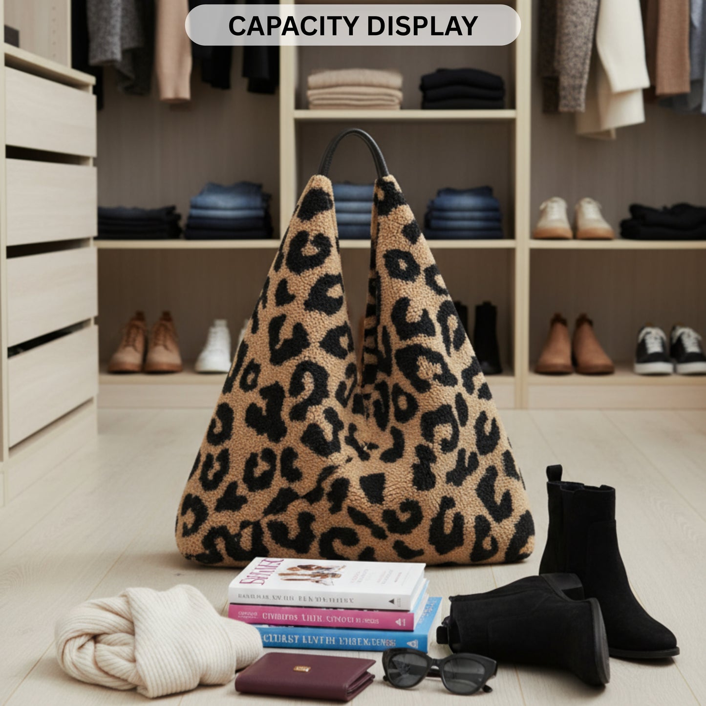 Soft Teddy Fleece Hobo Shoulder Bag with Snap Closure & Matching Pouch - Cosy Winter Tote Bag - Kristyna