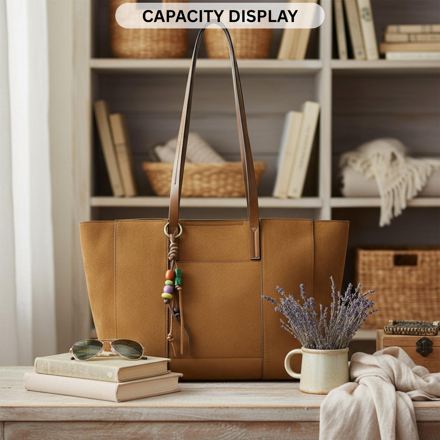 Vegan Suede Shoulder Tote Bag with Zip Opening & Removable Inner Pouch with Dual Handles - Lauren