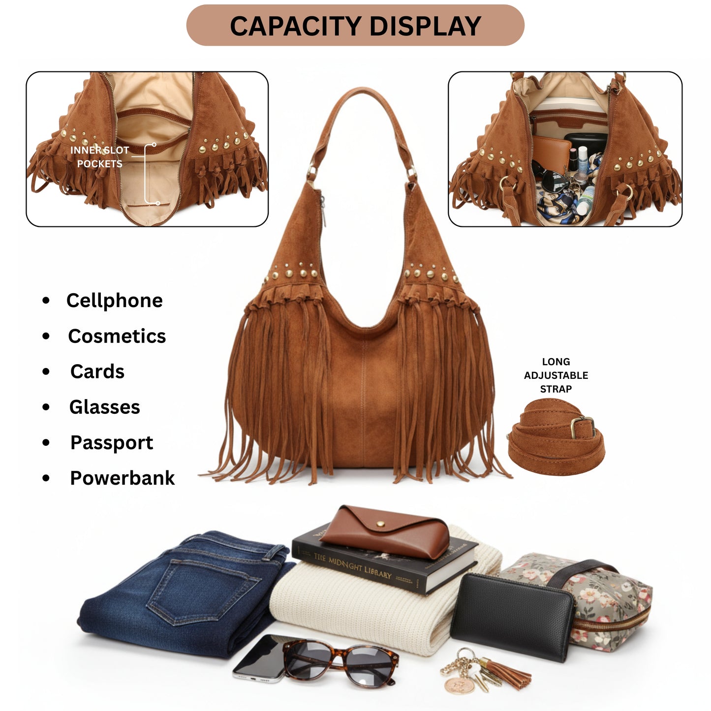 Boho Cowgirl Style Faux Suede Tote with Fringe - Hobo Shoulder Bag with Stud Detail & Crossbody Strap - Meg