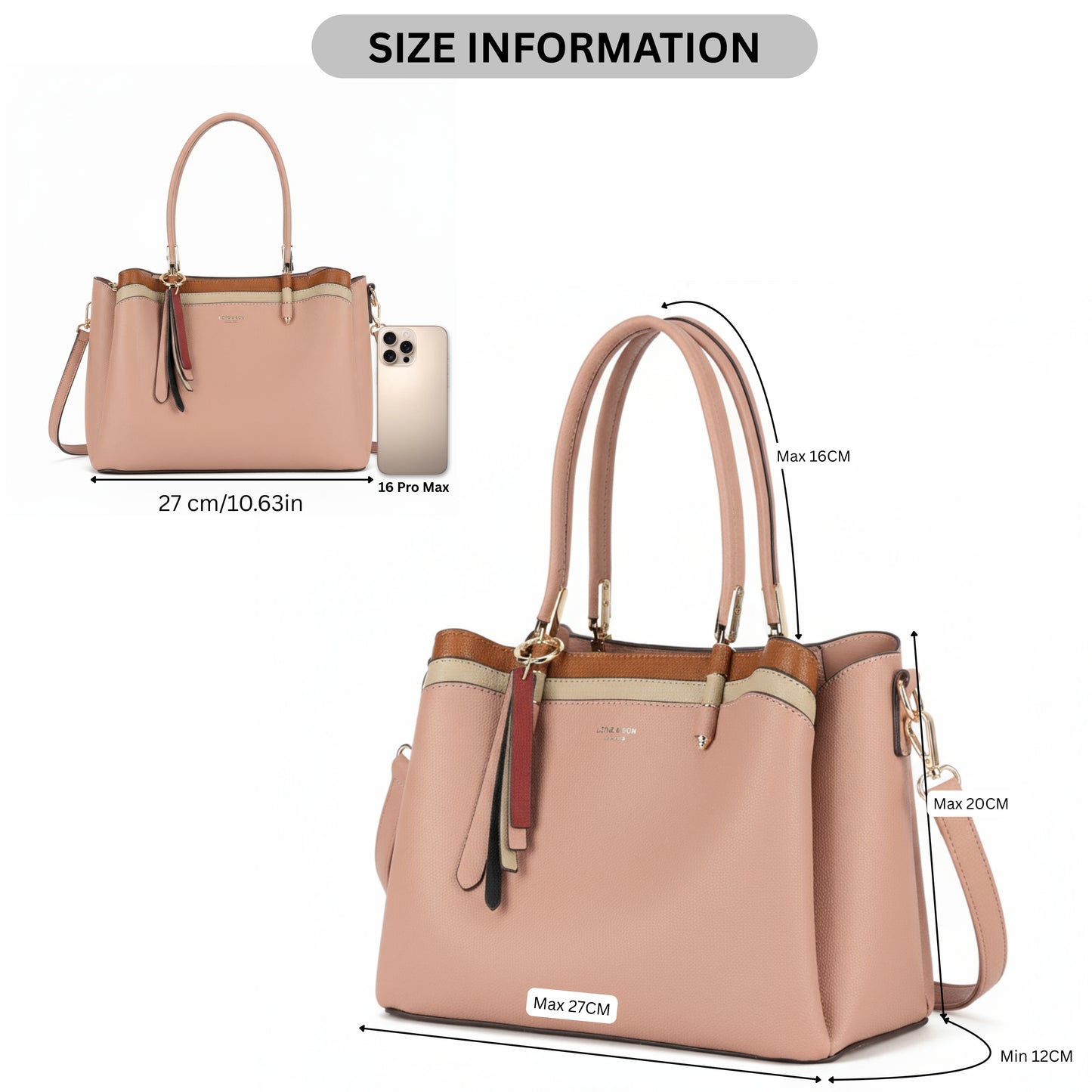 Structured Top Handle Tote Shoulder Bag with Tassel Charm & Crossbody Strap - Bella