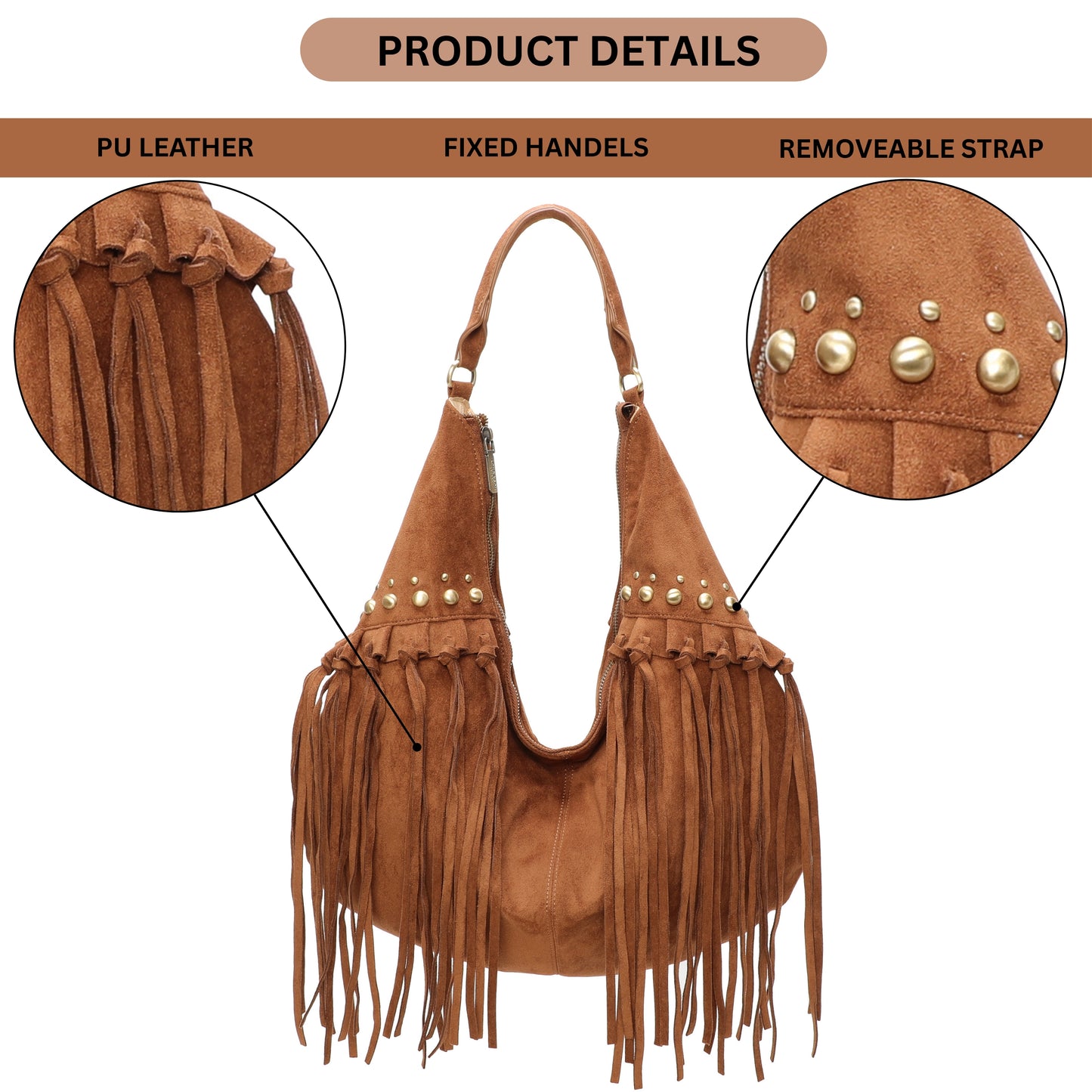 Boho Cowgirl Style Faux Suede Tote with Fringe - Hobo Shoulder Bag with Stud Detail & Crossbody Strap - Meg