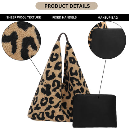 Soft Teddy Fleece Hobo Shoulder Bag with Snap Closure & Matching Pouch - Cosy Winter Tote Bag - Kristyna