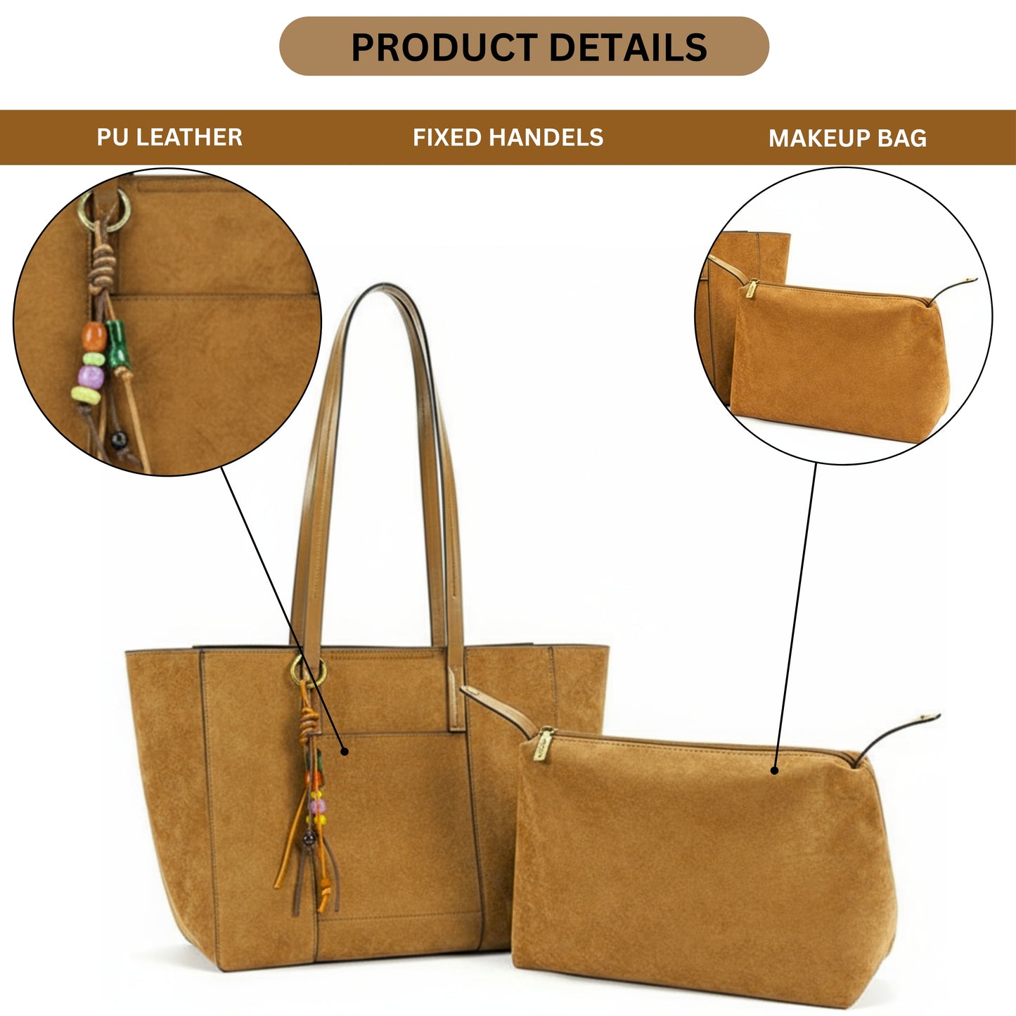 Vegan Suede Shoulder Tote Bag with Zip Opening & Removable Inner Pouch with Dual Handles - Lauren