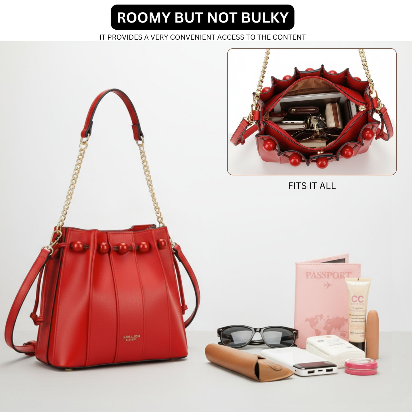 Mabel London Pleated Satchel in Medium Size with Chain Strap and Long Shoulder Strap - Natalia