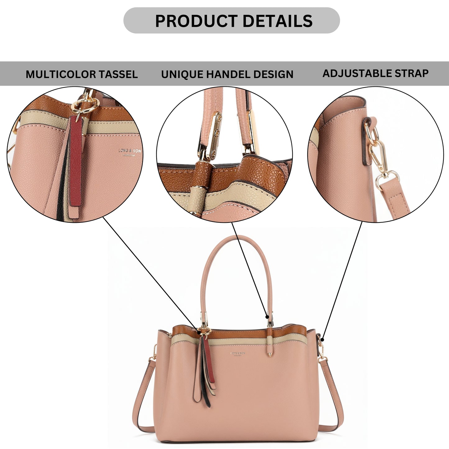 Structured Top Handle Tote Shoulder Bag with Tassel Charm & Crossbody Strap - Bella