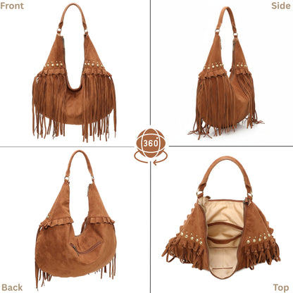 Boho Cowgirl Style Faux Suede Tote with Fringe - Hobo Shoulder Bag with Stud Detail & Crossbody Strap - Meg