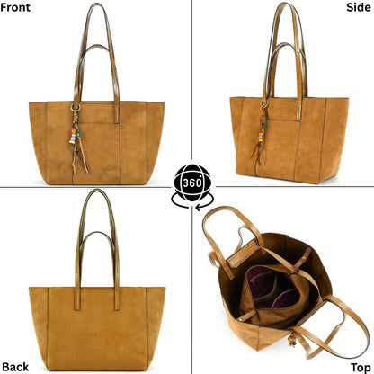 Vegan Suede Shoulder Tote Bag with Zip Opening & Removable Inner Pouch with Dual Handles - Lauren