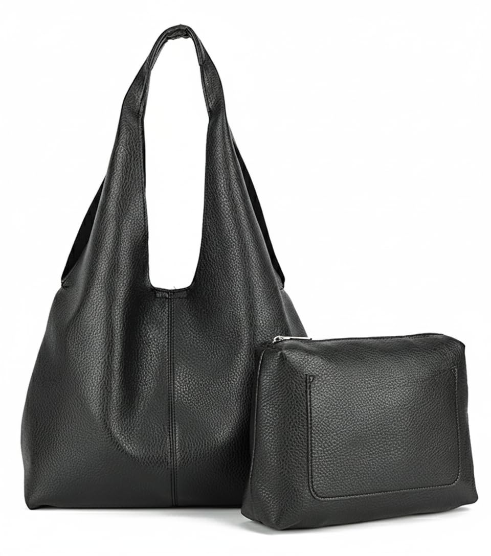 Desi - Large Plain Vegan Leather Slouch Shoulder Bag with Inside Bag for Everyday Use