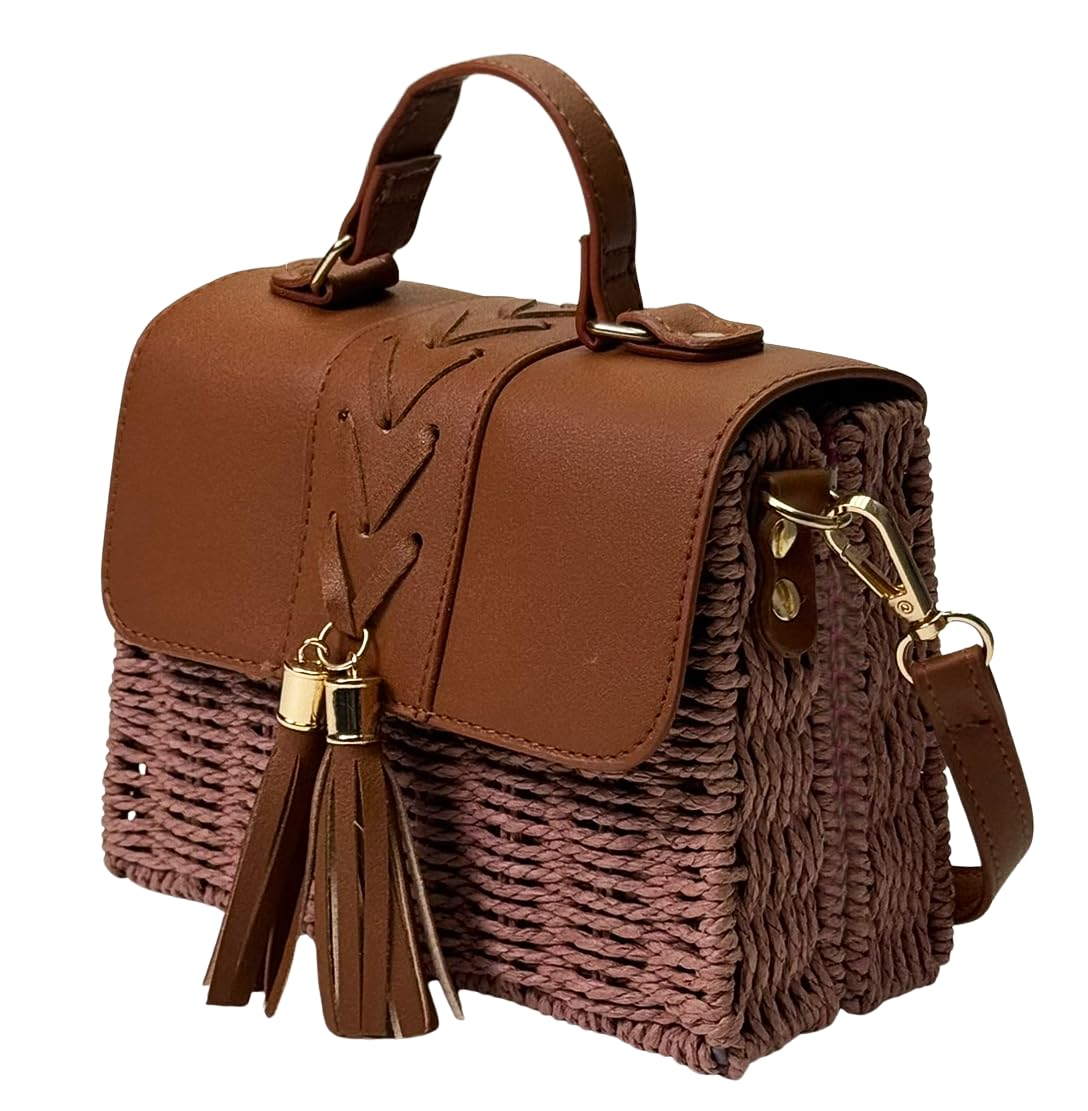 Lark - Structured Straw & Vegan Leather Boxy Shoulder Bag with Top Handle & Strap