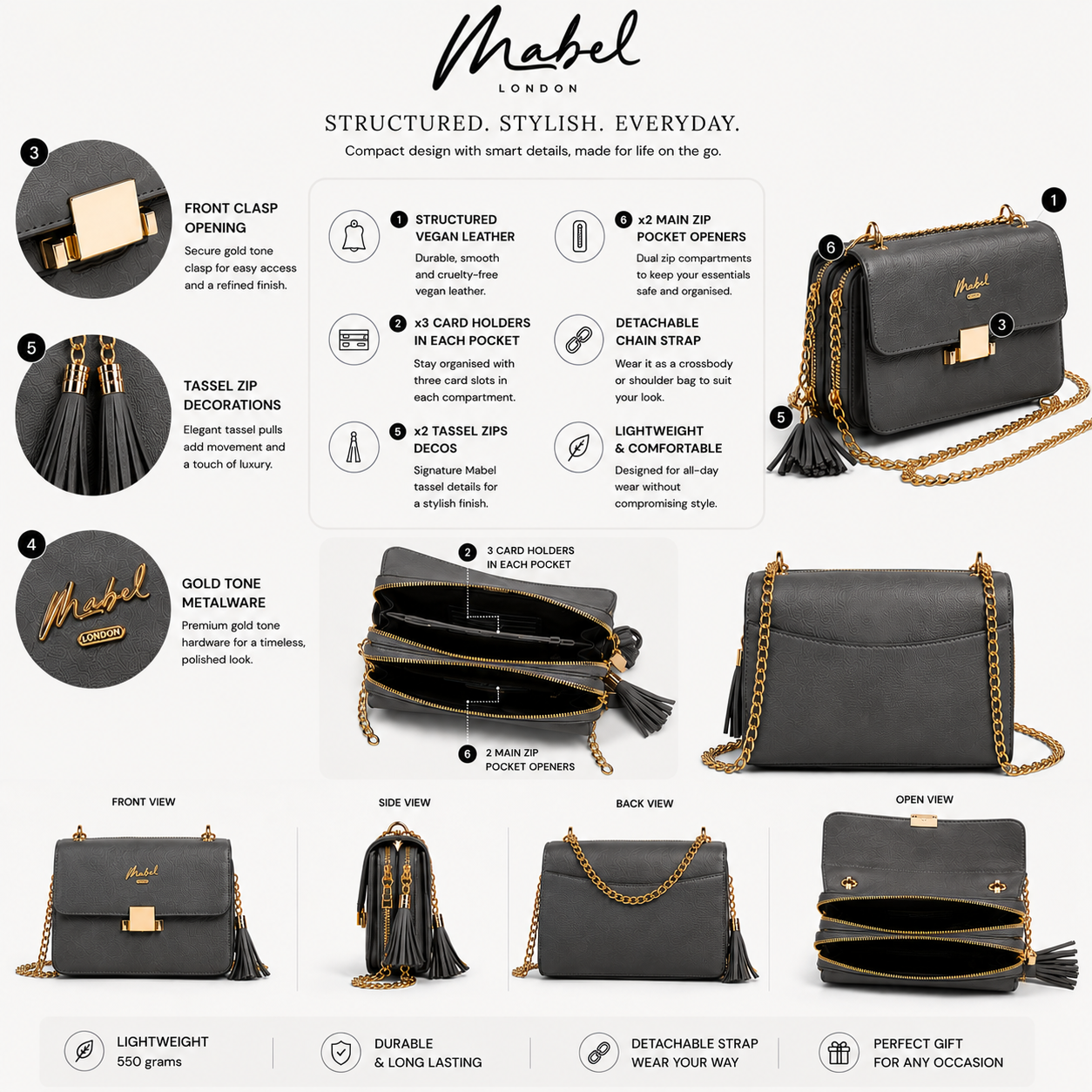 Skylar - Vegan Leather Party Wedding Clutch Bag with Detachable Crossbody Strap