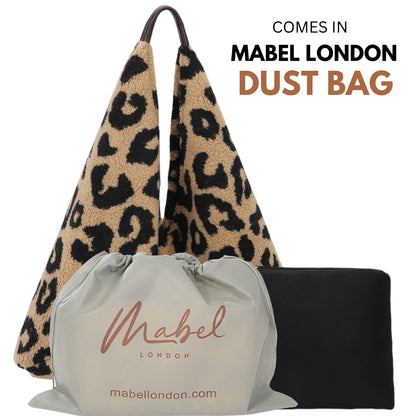 Soft Teddy Fleece Hobo Shoulder Bag with Snap Closure & Matching Pouch - Cosy Winter Tote Bag - Kristyna