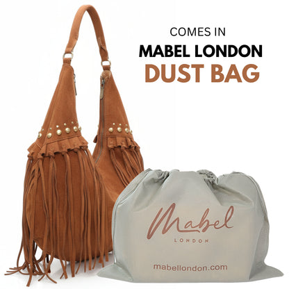 Boho Cowgirl Style Faux Suede Tote with Fringe - Hobo Shoulder Bag with Stud Detail & Crossbody Strap - Meg