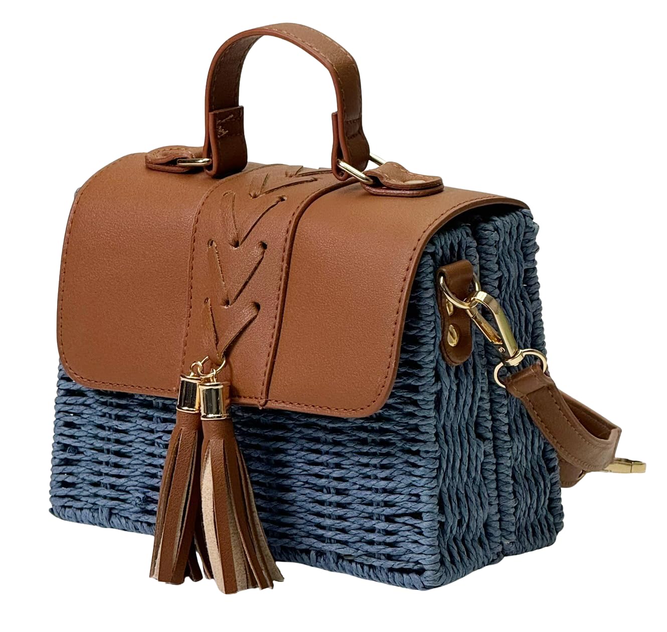 Lark - Structured Straw & Vegan Leather Boxy Shoulder Bag with Top Handle & Strap