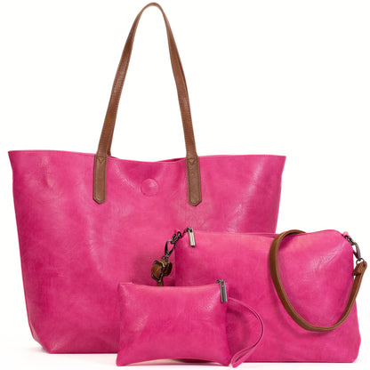 Phoebe - Oversized Vegan Leather 3-in-1 Tote Shoulder Bag with Crossbody & Pouch