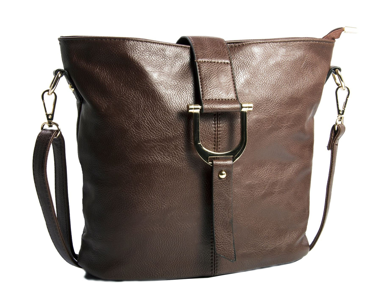 Frankie - Vegan Leather Bucket Crossbody Bag with Flap, Zip & Horseshoe Detail