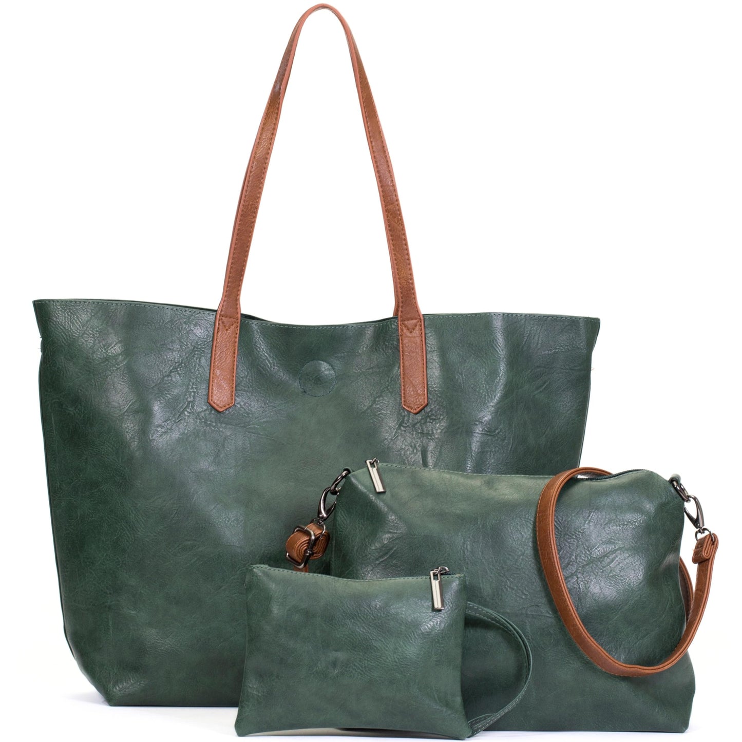 Phoebe - Oversized Vegan Leather 3-in-1 Tote Shoulder Bag with Crossbody & Pouch