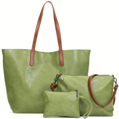 Phoebe - Oversized Vegan Leather 3-in-1 Tote Shoulder Bag with Crossbody & Pouch