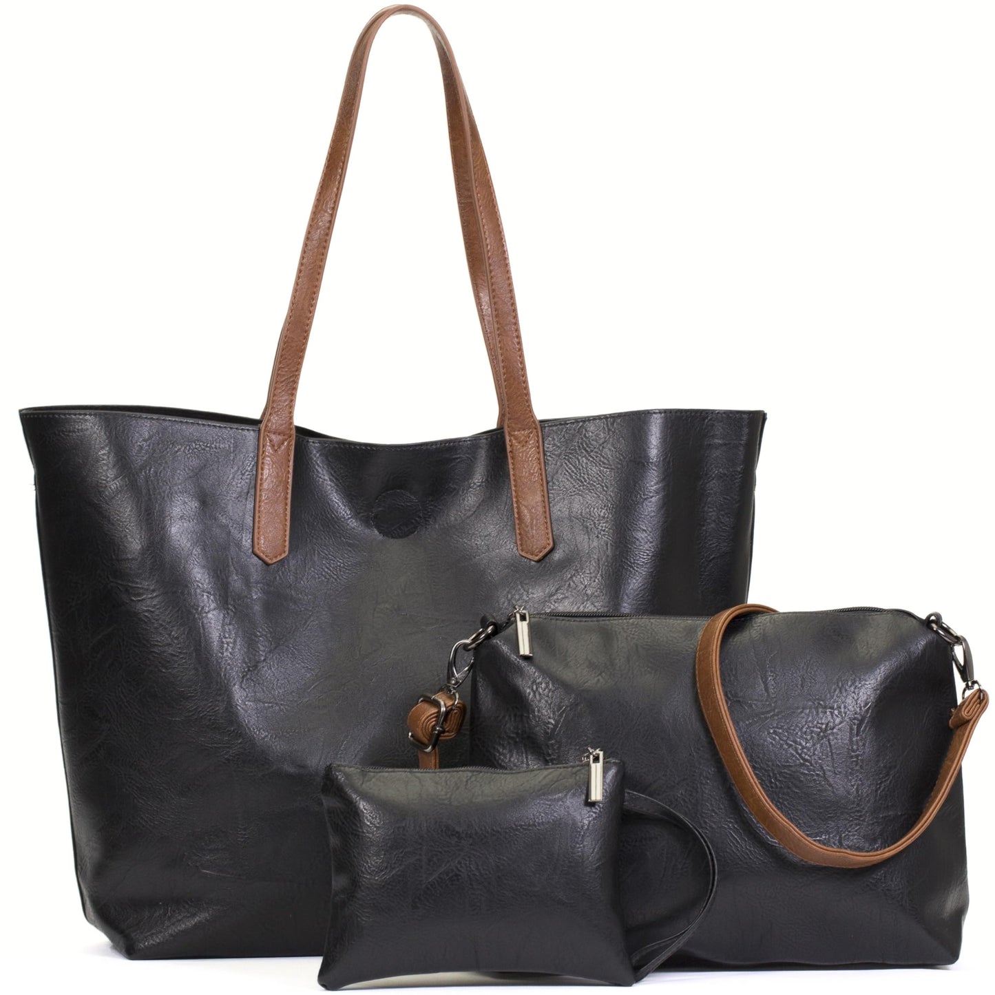 Phoebe - Oversized Vegan Leather 3-in-1 Tote Shoulder Bag with Crossbody & Pouch