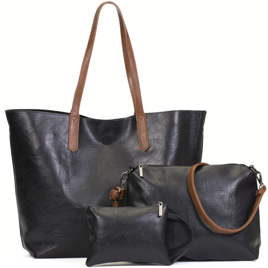 Phoebe - Oversized Vegan Leather 3-in-1 Tote Shoulder Bag with Crossbody & Pouch
