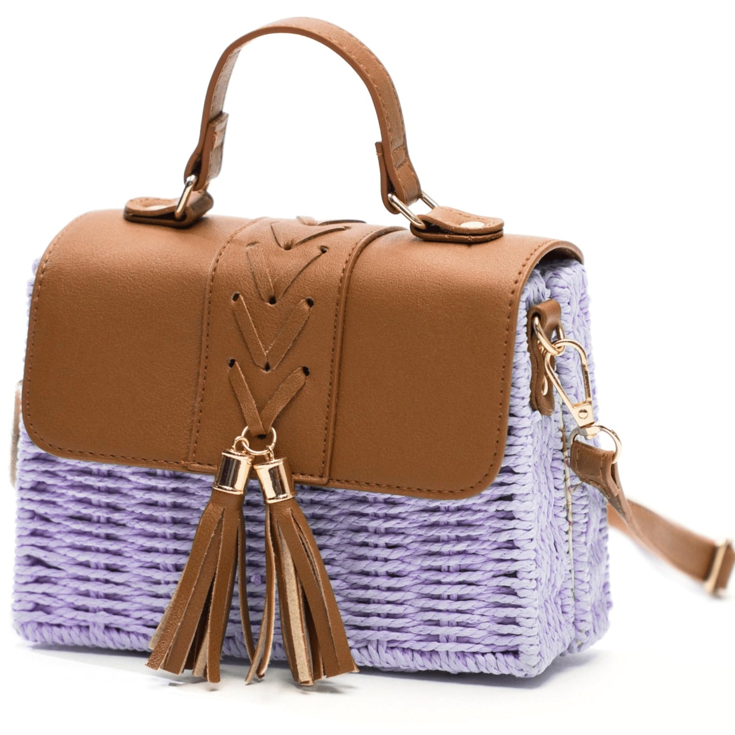 Lark - Structured Straw & Vegan Leather Boxy Shoulder Bag with Top Handle & Strap