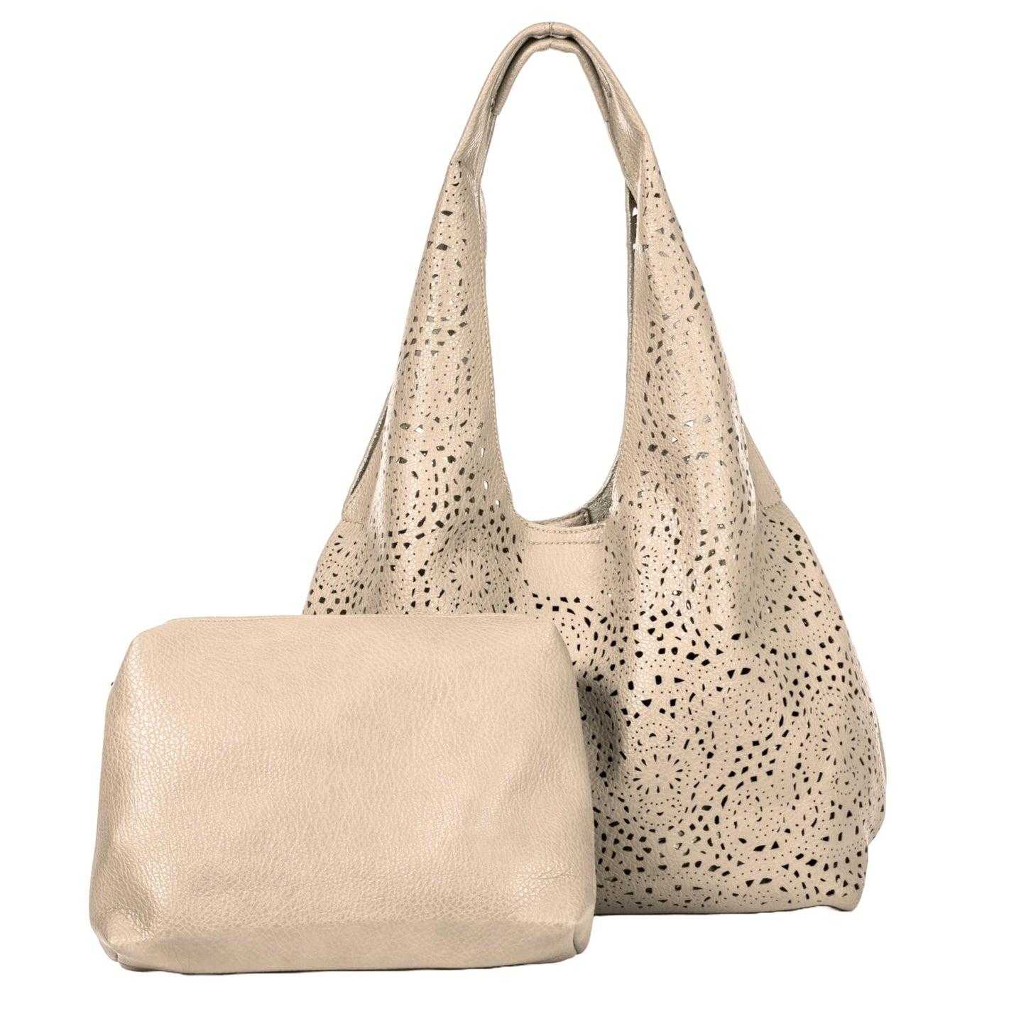 Desi - Large Laser Cut Out Vegan Leather Slouch Shoulder Bag with Inside Bag for Everyday Use