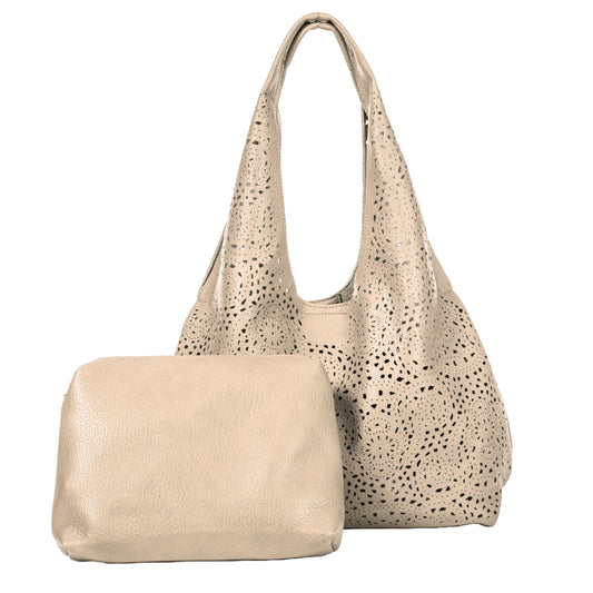 Desi - Large Laser Cut Out Vegan Leather Slouch Shoulder Bag with Inside Bag for Everyday Use