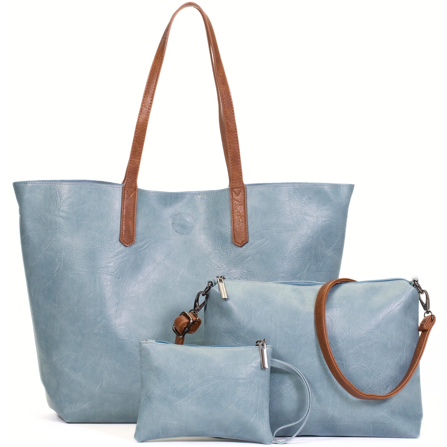 Phoebe - Oversized Vegan Leather 3-in-1 Tote Shoulder Bag with Crossbody & Pouch