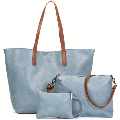 Phoebe - Oversized Vegan Leather 3-in-1 Tote Shoulder Bag with Crossbody & Pouch
