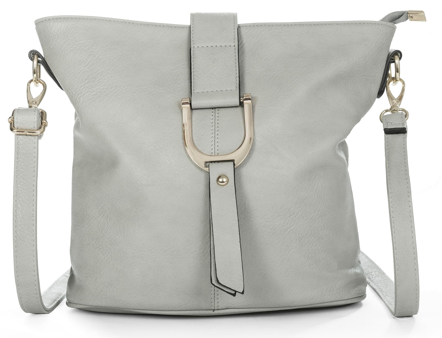 Frankie - Vegan Leather Bucket Crossbody Bag with Flap, Zip & Horseshoe Detail