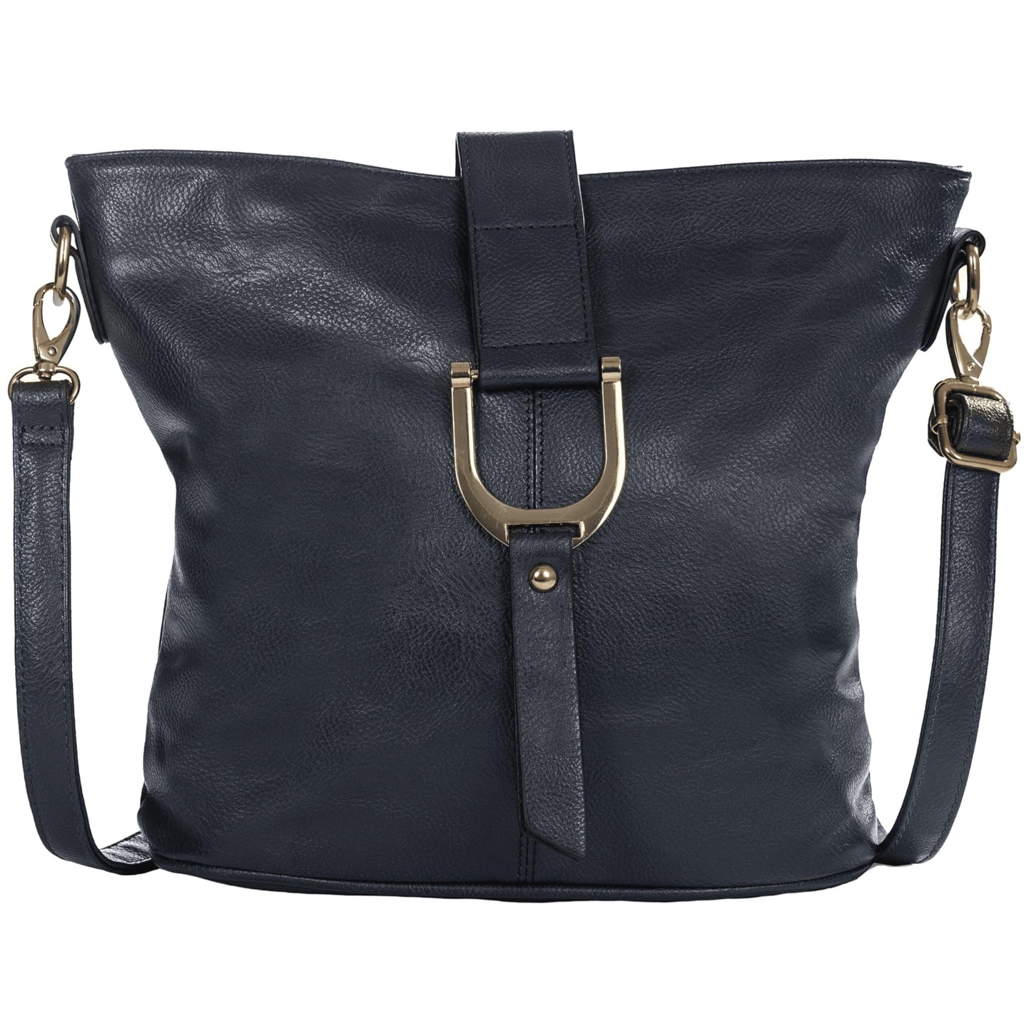 Frankie - Vegan Leather Bucket Crossbody Bag with Flap, Zip & Horseshoe Detail