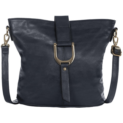 Frankie - Vegan Leather Bucket Crossbody Bag with Flap, Zip & Horseshoe Detail