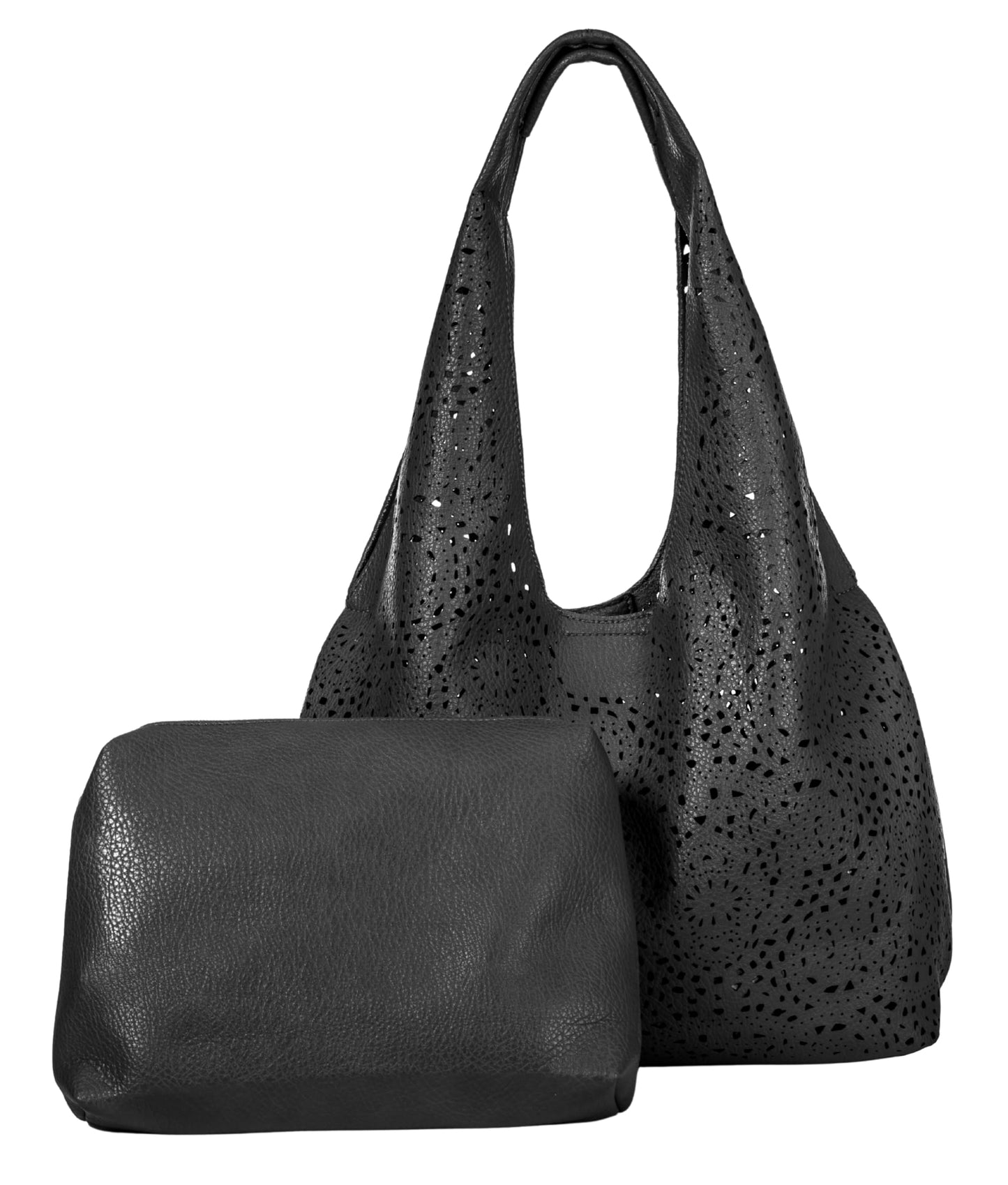 Desi - Large Laser Cut Out Vegan Leather Slouch Shoulder Bag with Inside Bag for Everyday Use