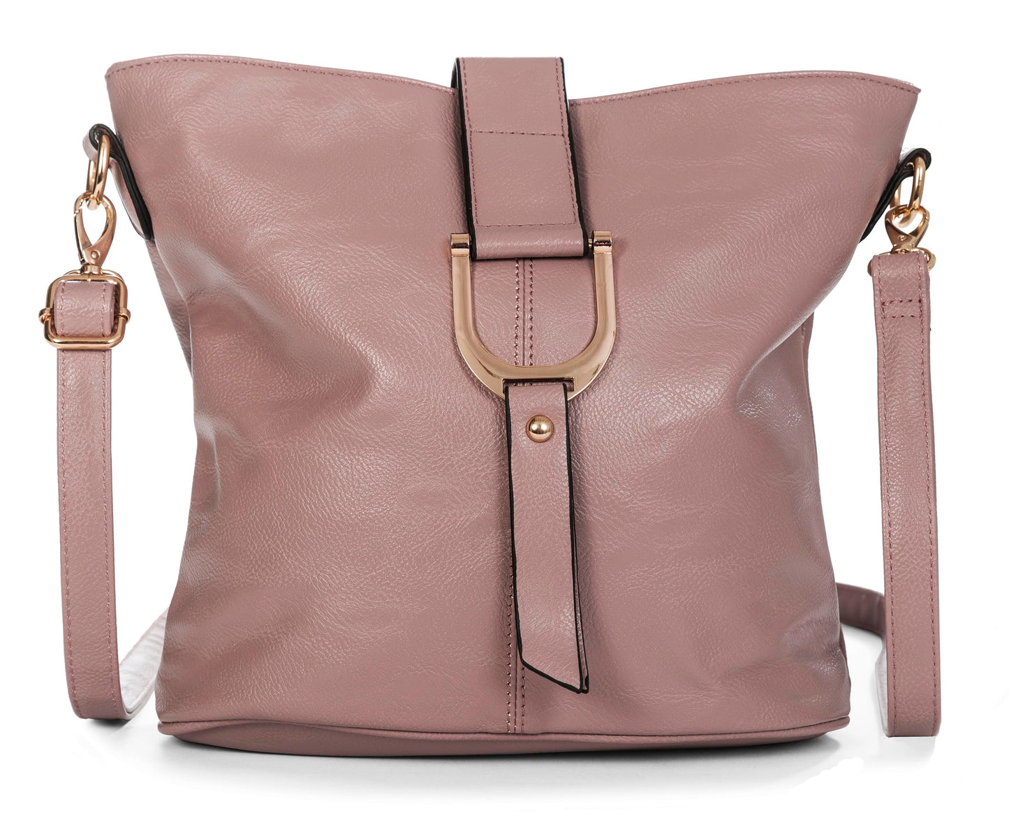 Frankie - Vegan Leather Bucket Crossbody Bag with Flap, Zip & Horseshoe Detail