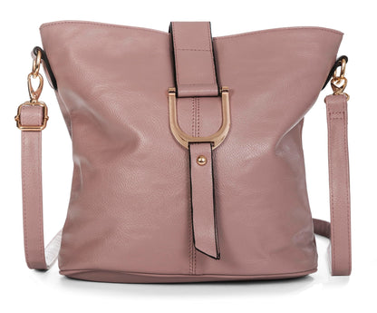Frankie - Vegan Leather Bucket Crossbody Bag with Flap, Zip & Horseshoe Detail