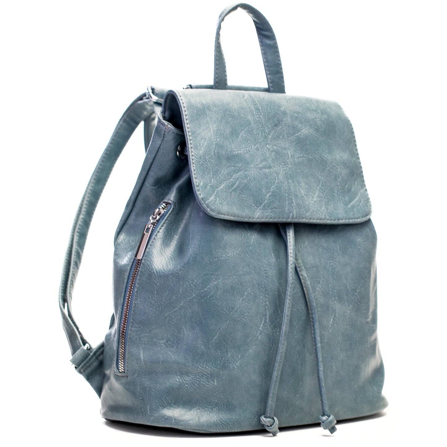 Jude - Stylish Faux Leather Flap Top Backpack with Drawstring & Zip Pockets