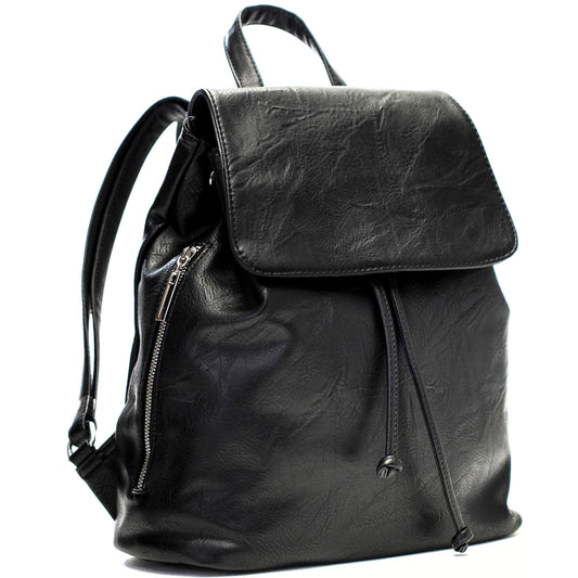 Jude - Stylish Faux Leather Flap Top Backpack with Drawstring & Zip Pockets