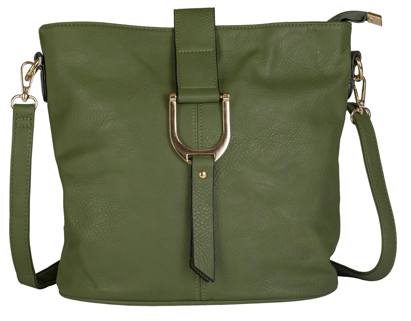 Frankie - Vegan Leather Bucket Crossbody Bag with Flap, Zip & Horseshoe Detail