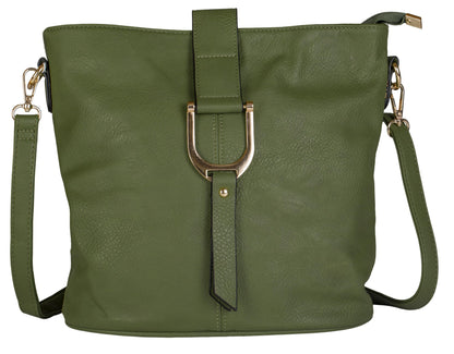 Frankie - Vegan Leather Bucket Crossbody Bag with Flap, Zip & Horseshoe Detail