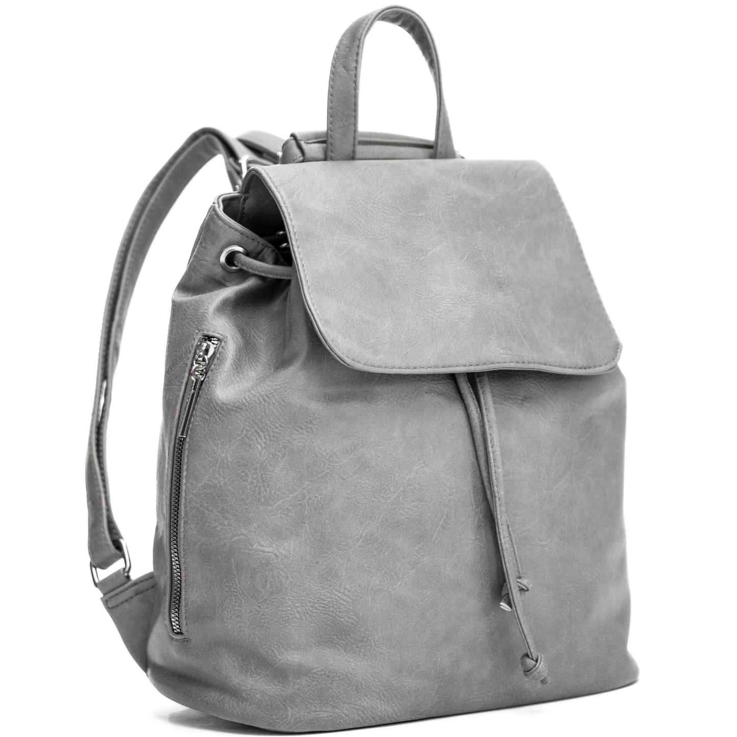 Jude - Stylish Faux Leather Flap Top Backpack with Drawstring & Zip Pockets