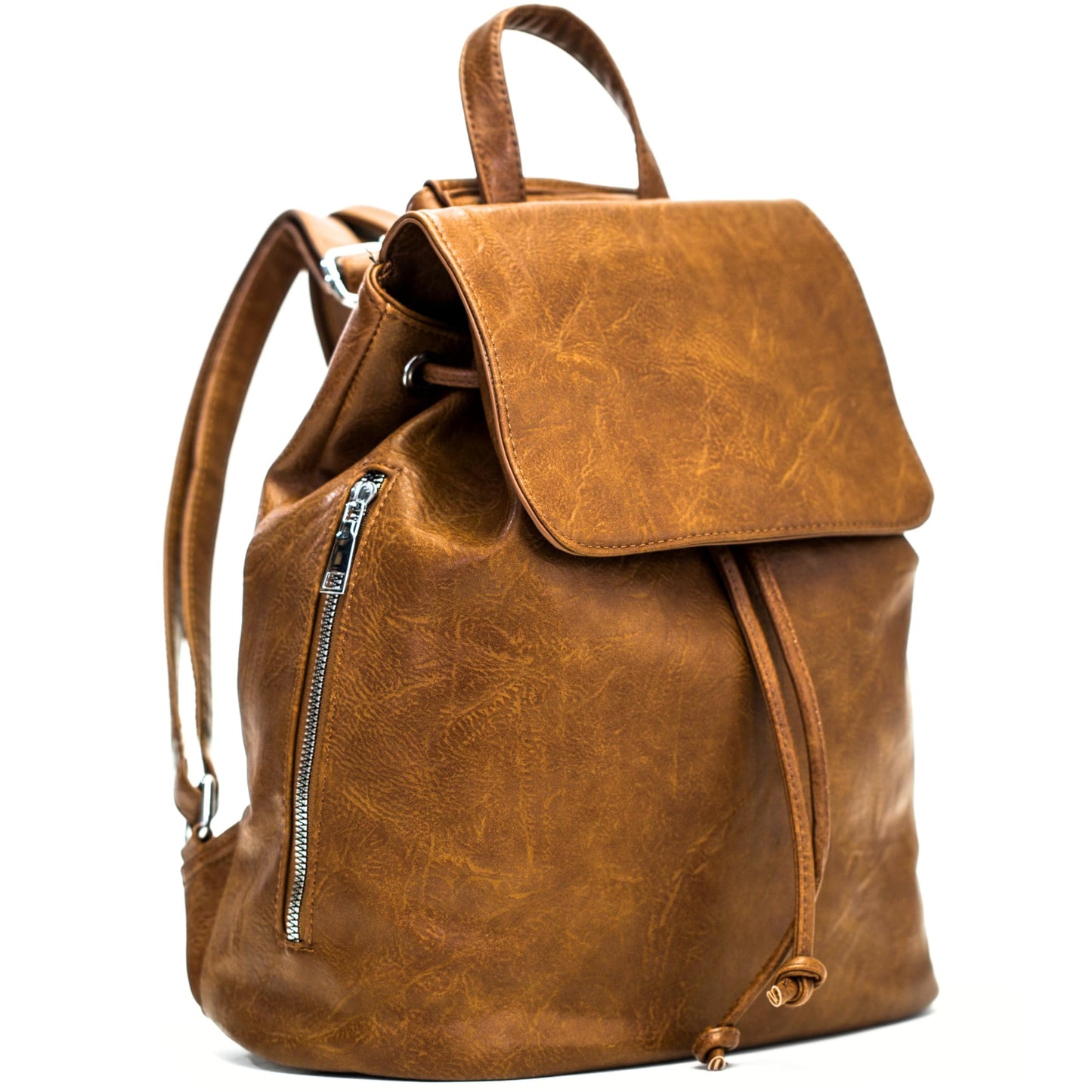 Jude - Stylish Faux Leather Flap Top Backpack with Drawstring & Zip Pockets