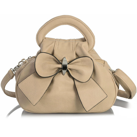 Rea - Small Vegan Leather Bow Detail Shoulder Handbag with Multiple Zip Pockets