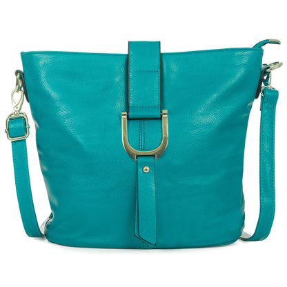 Frankie - Vegan Leather Bucket Crossbody Bag with Flap, Zip & Horseshoe Detail